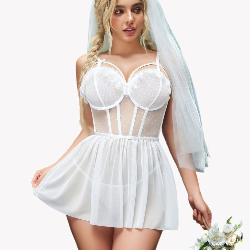 White mesh lace push-up nightgown with underwire cups and flared short skirt