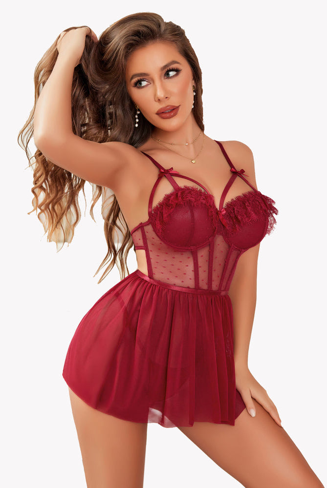 Mesh lace push-up nightgown, burgundy red with bow straps, lace-trim cups, flared tulle skirt