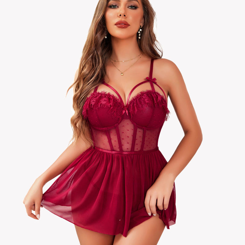 Mesh lace push-up nightgown, burgundy red with underwire cups and sheer corset bodice