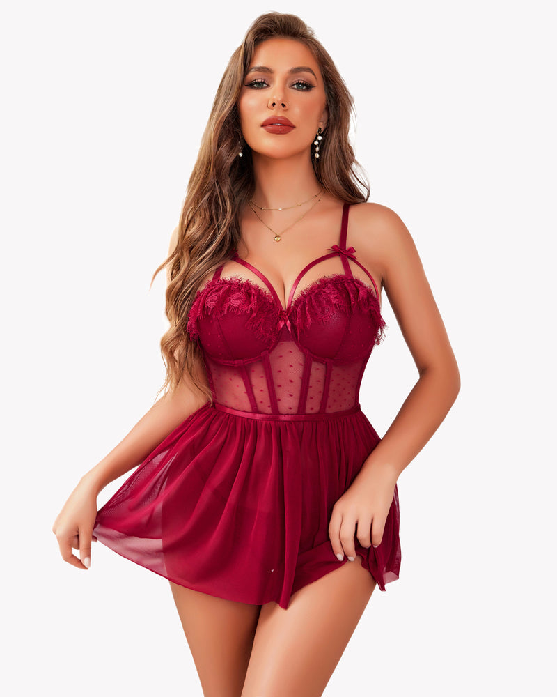 Burgundy lace and mesh chemise nightgown, featuring underwire and a see-through skirt.