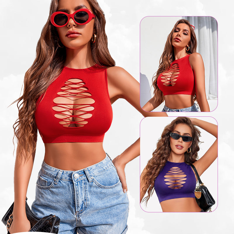 Red cut-out crop top with corset detail. Stylish and fashionable lingerie. Chic design for women.