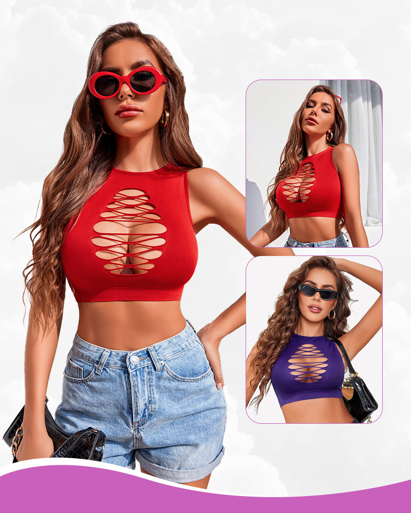 Red cut-out crop top with corset detail. Stylish and fashionable lingerie. Chic design for women.