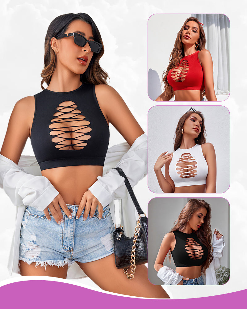Fishnet cutout crop top in black, red, and white, fashionable and chic, show off your style