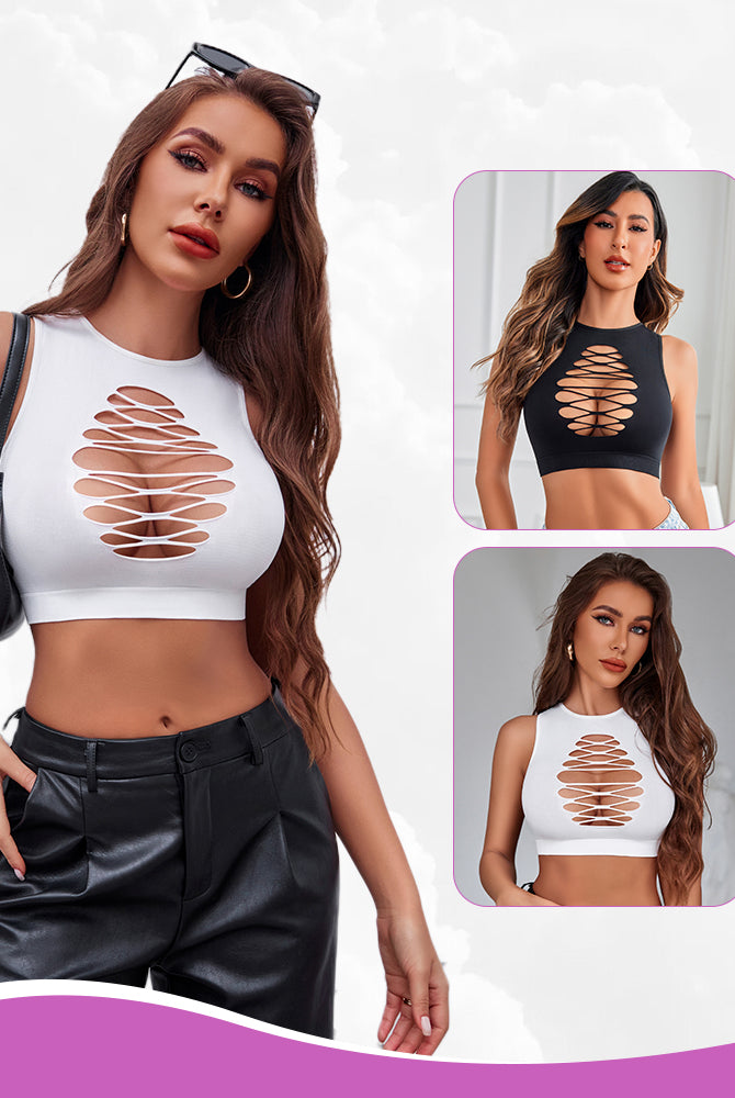 White fishnet cut out crop top, sexy and fashionable, multiple color options, 2/3 pack.
