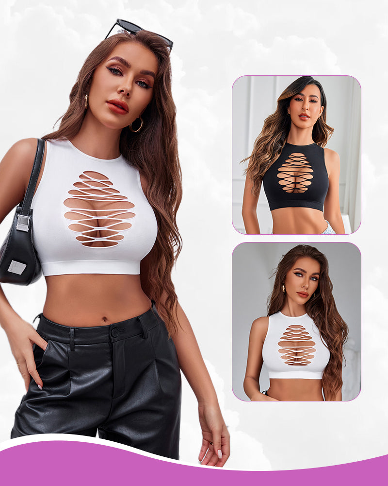 White fishnet cut out crop top, sexy and fashionable, multiple color options, 2/3 pack.