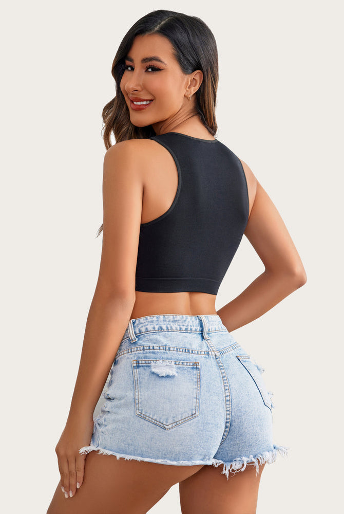 Black crop top with a woman showing the back and side, stylish and sexy lingerie