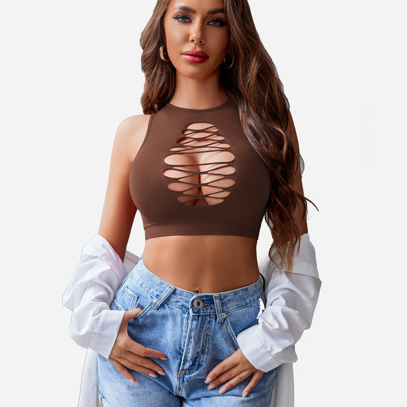 Brown cut-out crop top with corset detailing. Stylish and sexy lingerie, paired with denim shorts.