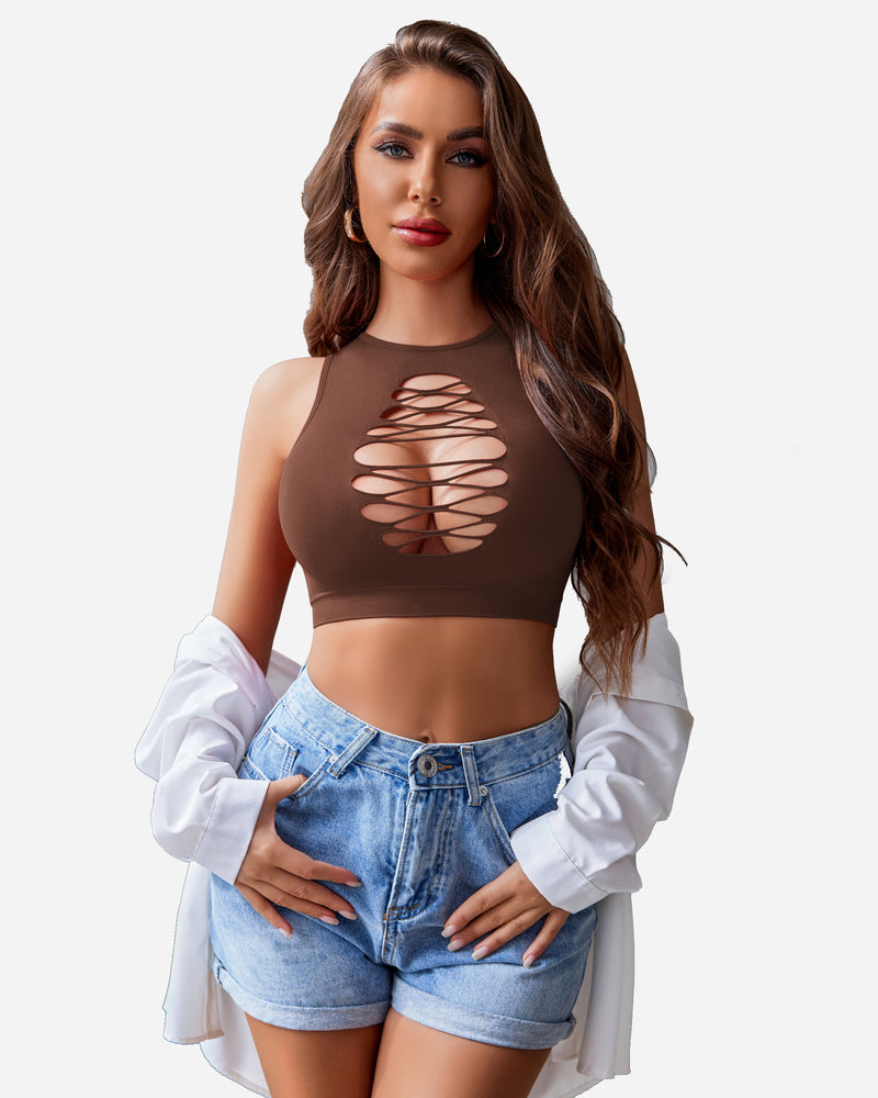 Brown cut-out crop top with corset detailing. Stylish and sexy lingerie, paired with denim shorts.