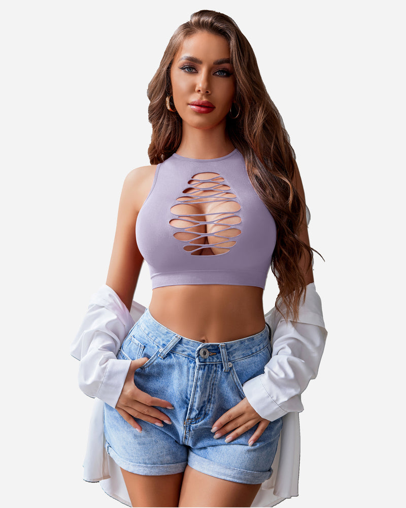 Lilac cut-out crop top and denim shorts. Fashionable Avidlove lingerie for a chic, confident look.