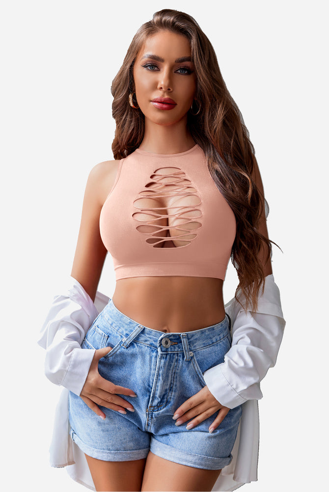 Peach cut-out crop tank top with corset detail. Stylish and fashionable lingerie.