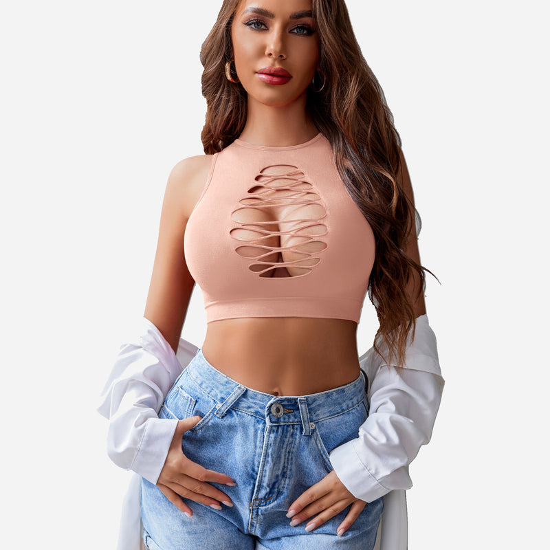 Peach cut-out crop tank top with corset detail. Stylish and fashionable lingerie.