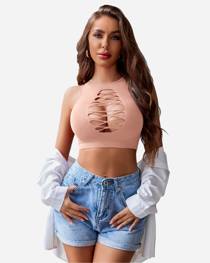 Peach cut-out crop tank top with corset detail. Stylish and fashionable lingerie.