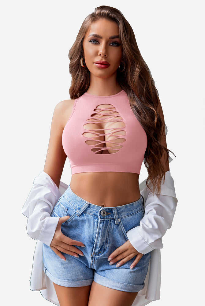 Pink cut-out corset crop top and denim shorts. Stylish and sexy lingerie. Avidlove design for women.