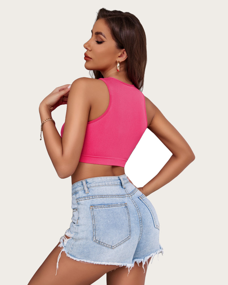 Pink crop tank top with denim shorts. Chic and fashionable lingerie for women.