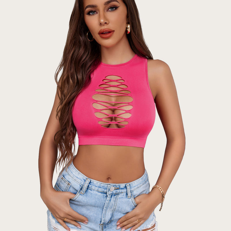 Pink cut-out crop top with corset detail. Sexy and fashionable lingerie. Paired with denim shorts.