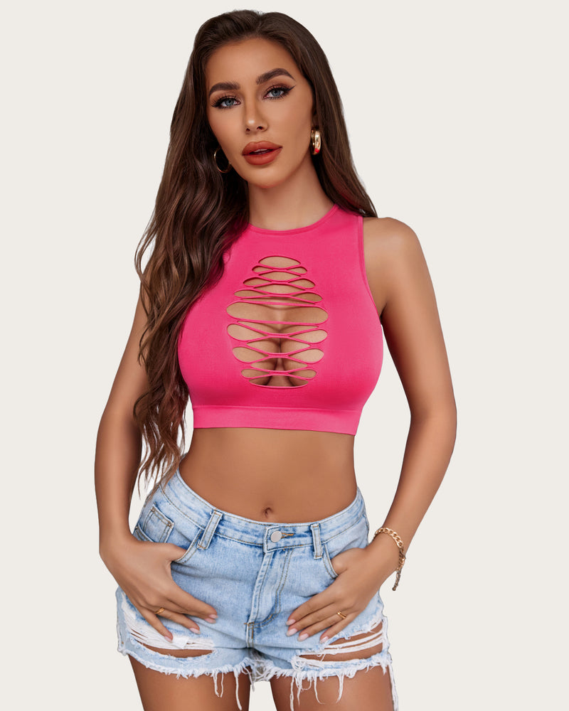 Pink cut-out crop top with corset detail. Sexy and fashionable lingerie. Paired with denim shorts.