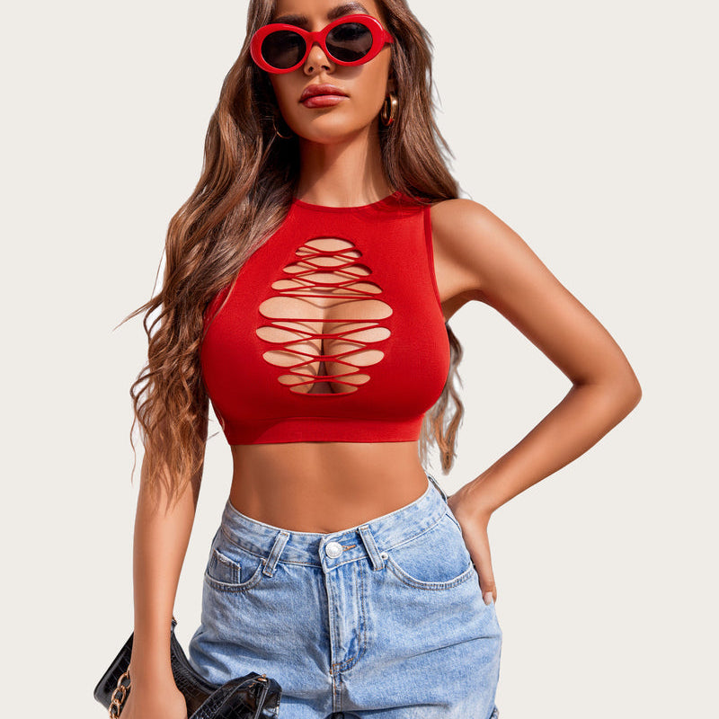 Red cut-out crop tank top with corset detail, stylish lingerie for women.