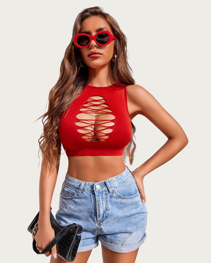 Red cut-out crop tank top with corset detail, stylish lingerie for women.
