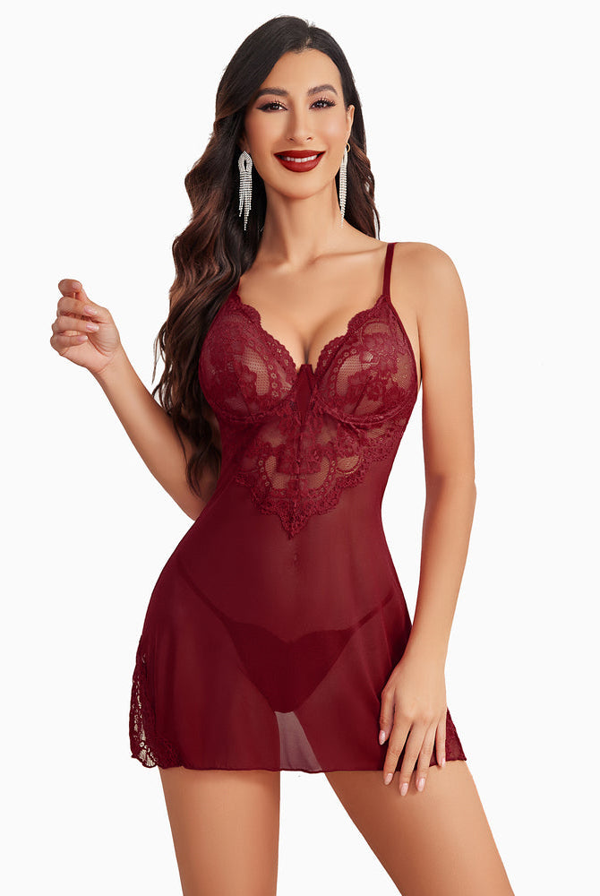 Burgundy lace underwire babydoll lingerie set. Sexy and romantic Avidlove Fairy lingerie for women.