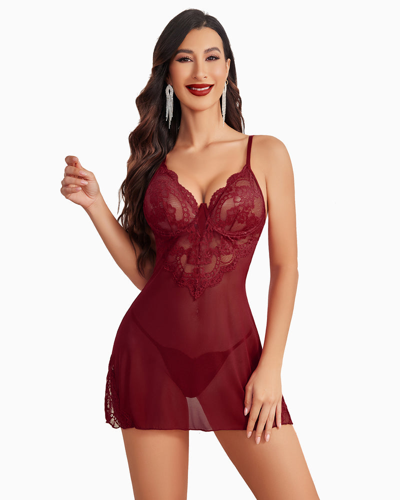 Burgundy lace underwire babydoll lingerie set. Sexy and romantic Avidlove Fairy lingerie for women.