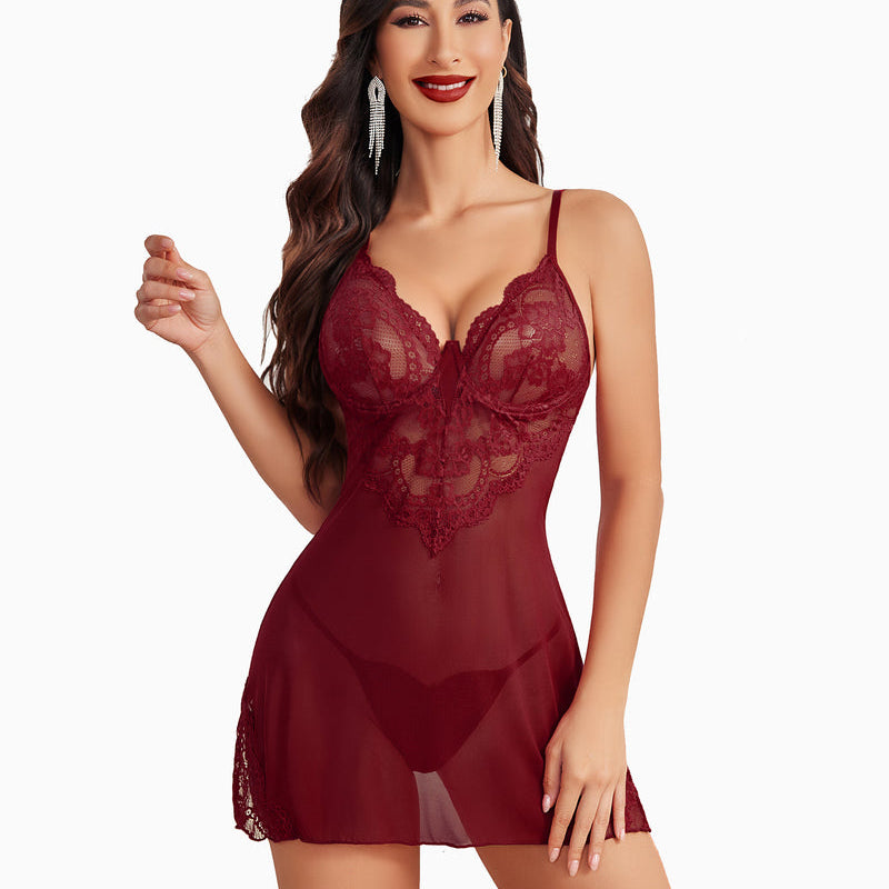 Burgundy mesh babydoll nightdress with lace detail and thong. Sexy lingerie for women, Avidlove.