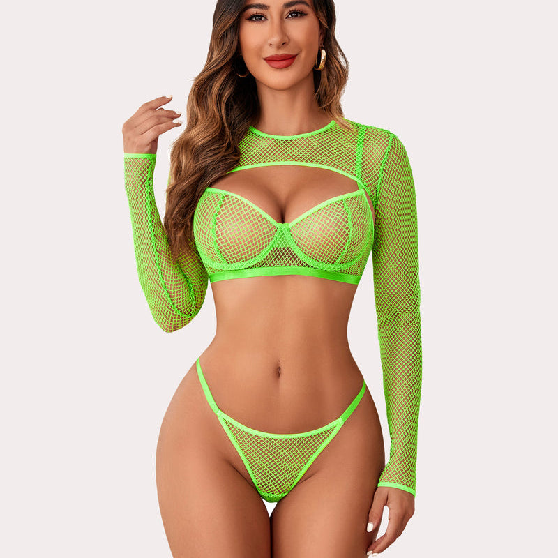 Neon green fishnet lingerie set, crop top, bra, and thong, fashionable and sexy lingerie for women
