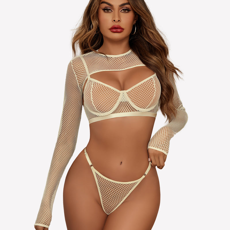 Yellow fishnet 3-piece lingerie set with crop top, bra, and thong for women