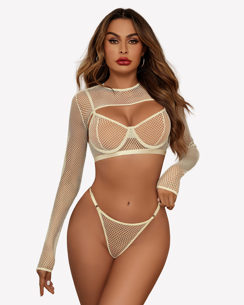 Yellow fishnet 3-piece lingerie set with crop top, bra, and thong for women