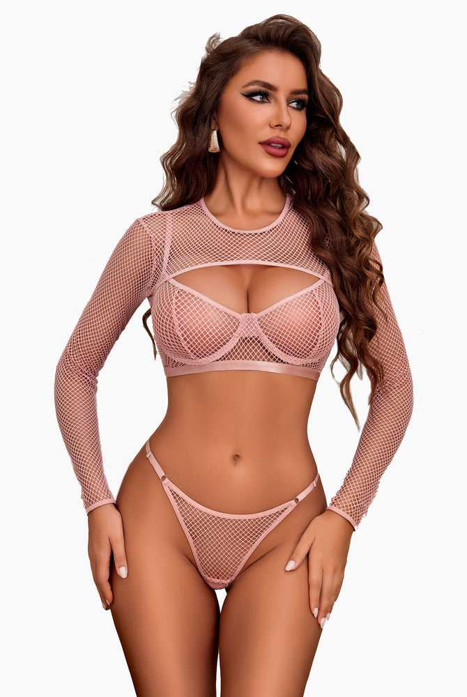 Pink fishnet 3-piece lingerie set with crop top, bra and thong. Sexy, fashionable lingerie.