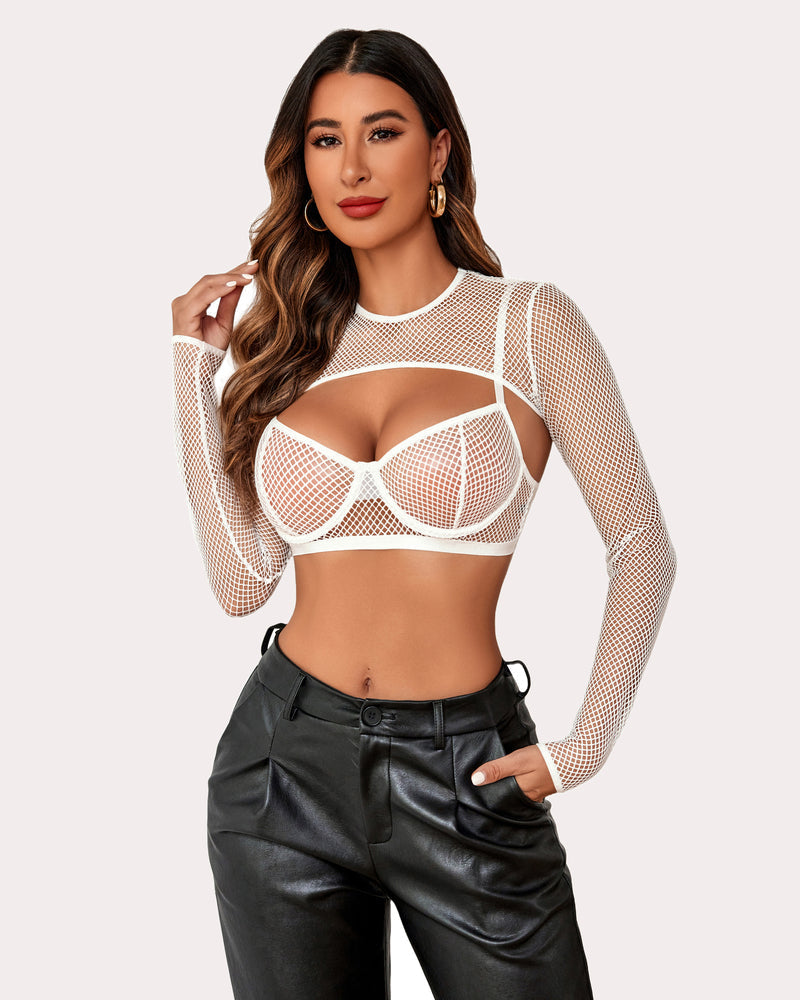 White fishnet 3-piece lingerie set: Crop top, bra, and long sleeves. Sexy lingerie.