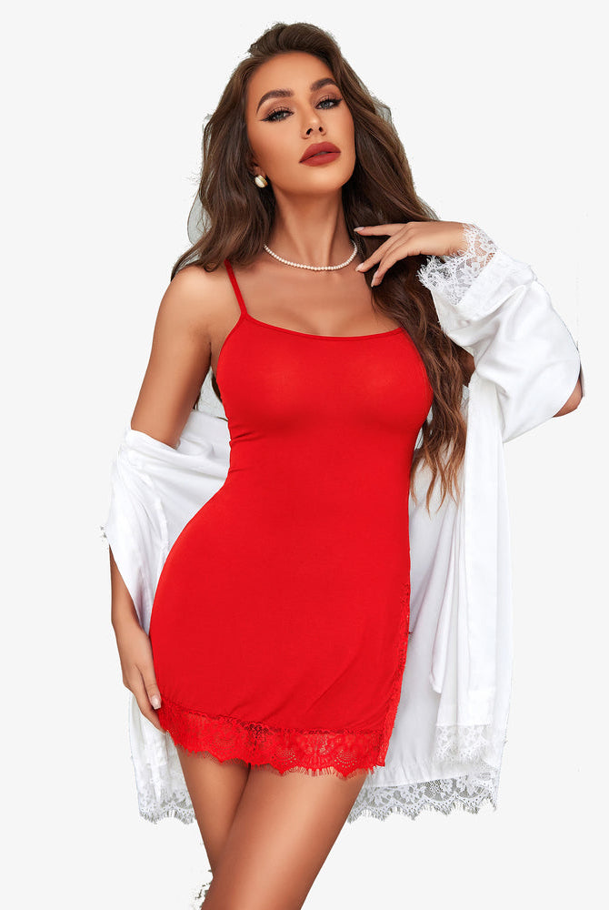 Red lace trim slip nightdress from Avidlove, comfortable and confident nightwear design