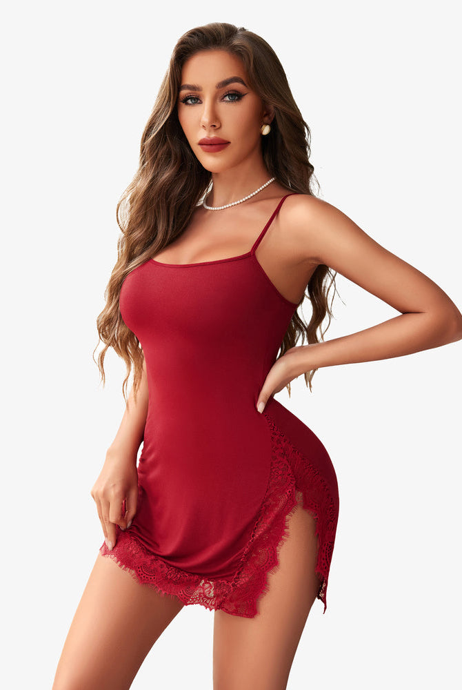 Avidlove burgundy slip nightdress with lace trim and side slit, comfortable, confident design.