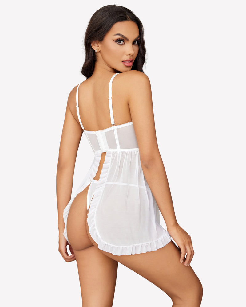 White mesh babydoll lingerie with open back and ruffle hemline. Sexy outfit for women.