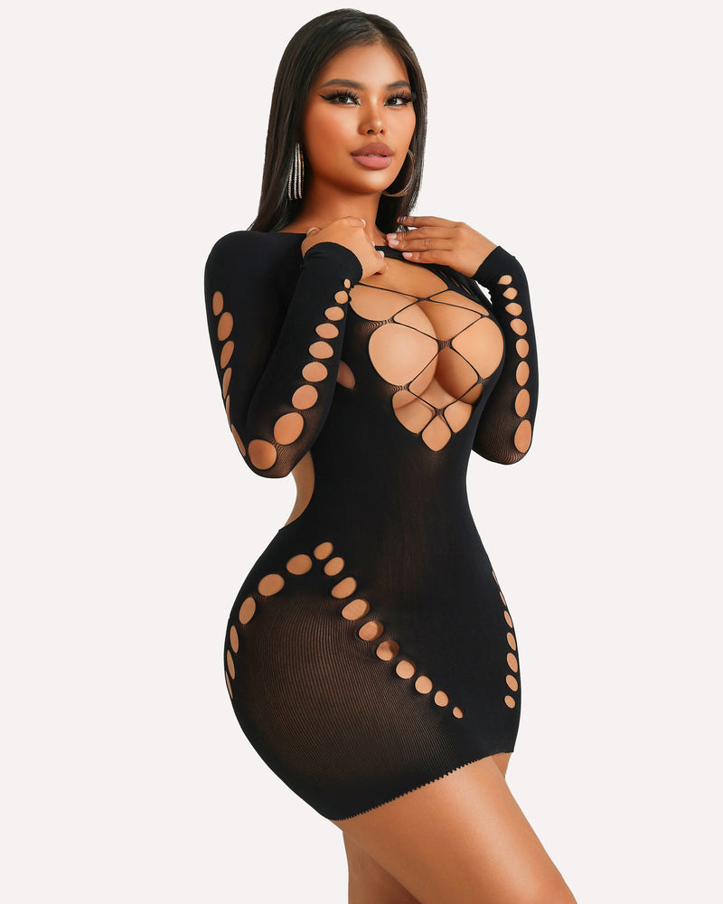 Black mesh long sleeve fishnet dress with cut-outs; a sexy lingerie piece for women