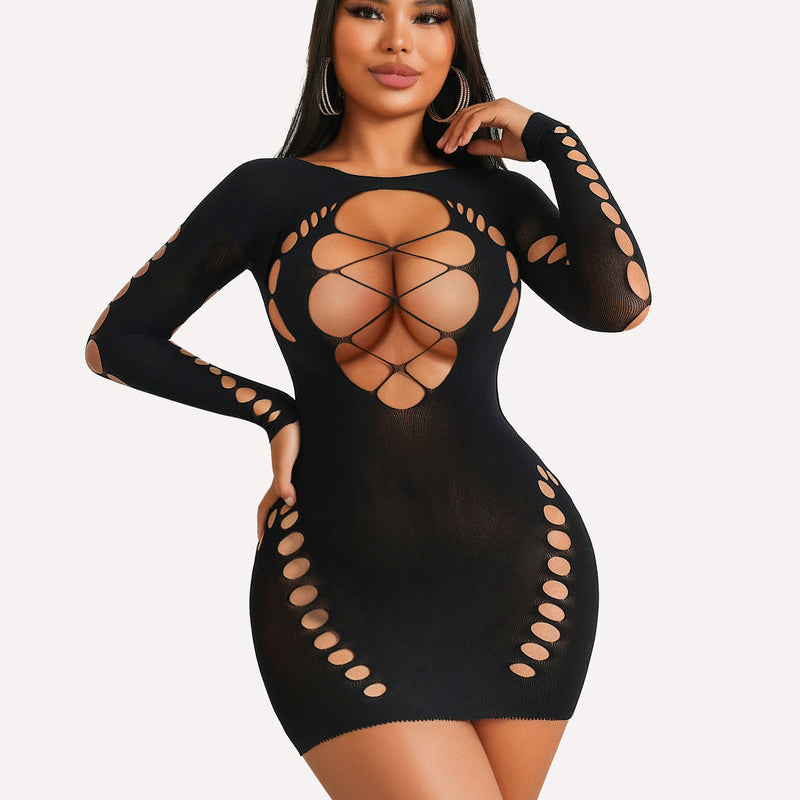 Black fishnet mesh dress with cut-out details; a sexy, form-fitting lingerie piece.