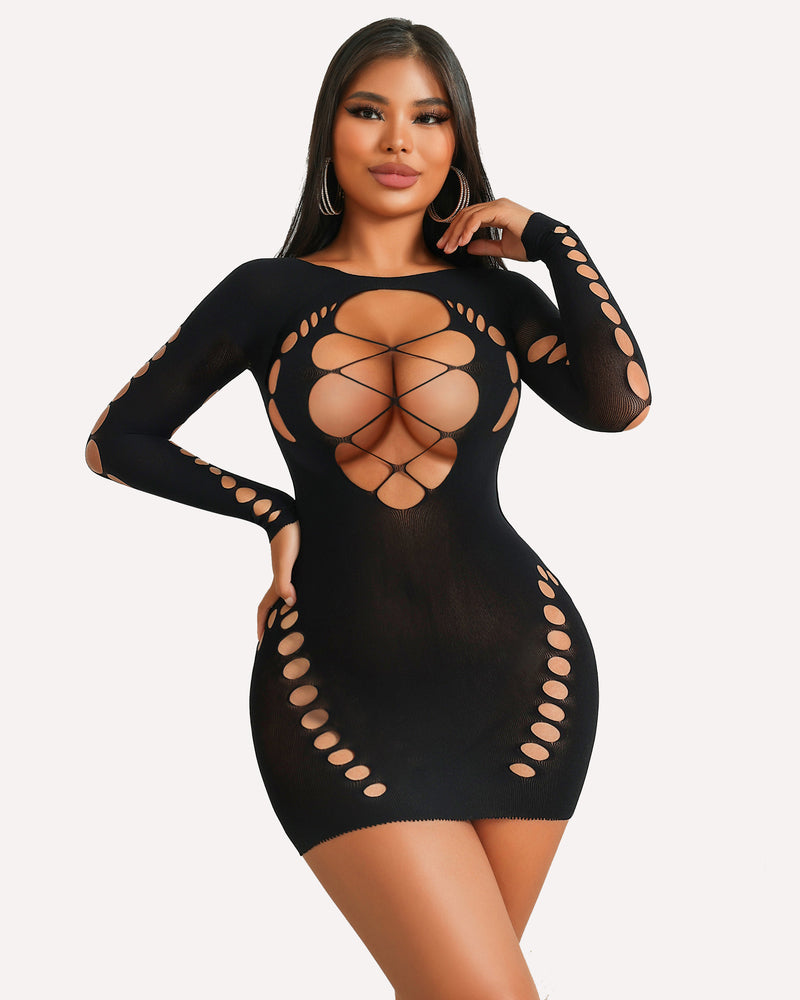 Black fishnet mesh dress with cut-out details; a sexy, form-fitting lingerie piece.