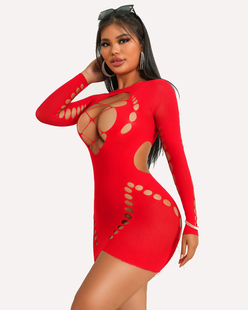 Red fishnet long sleeve dress with cut-outs; a sexy lingerie piece for women