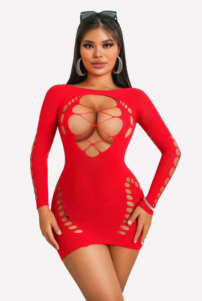 Red fishnet mesh dress with cut-outs and lace-up detail; sexy lingerie for women