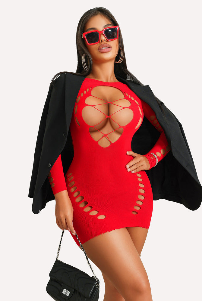 Red fishnet mini dress with cut-outs; sexy lingerie for women, featuring a backless design