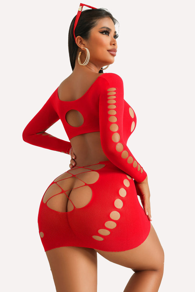 Red fishnet long sleeve mesh dress with cut-outs and backless design; sexy lingerie for women