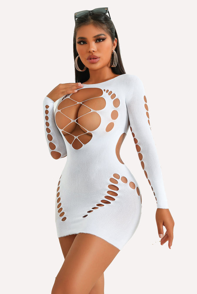 White mesh long sleeve mini dress with cut-outs. Sexy lingerie for women with backless design