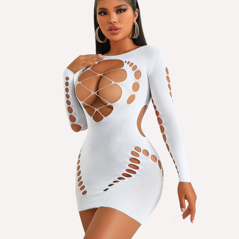 White mesh long sleeve mini dress with cut-outs. Sexy lingerie for women with backless design