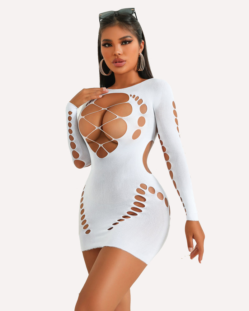 White mesh long sleeve mini dress with cut-outs. Sexy lingerie for women with backless design