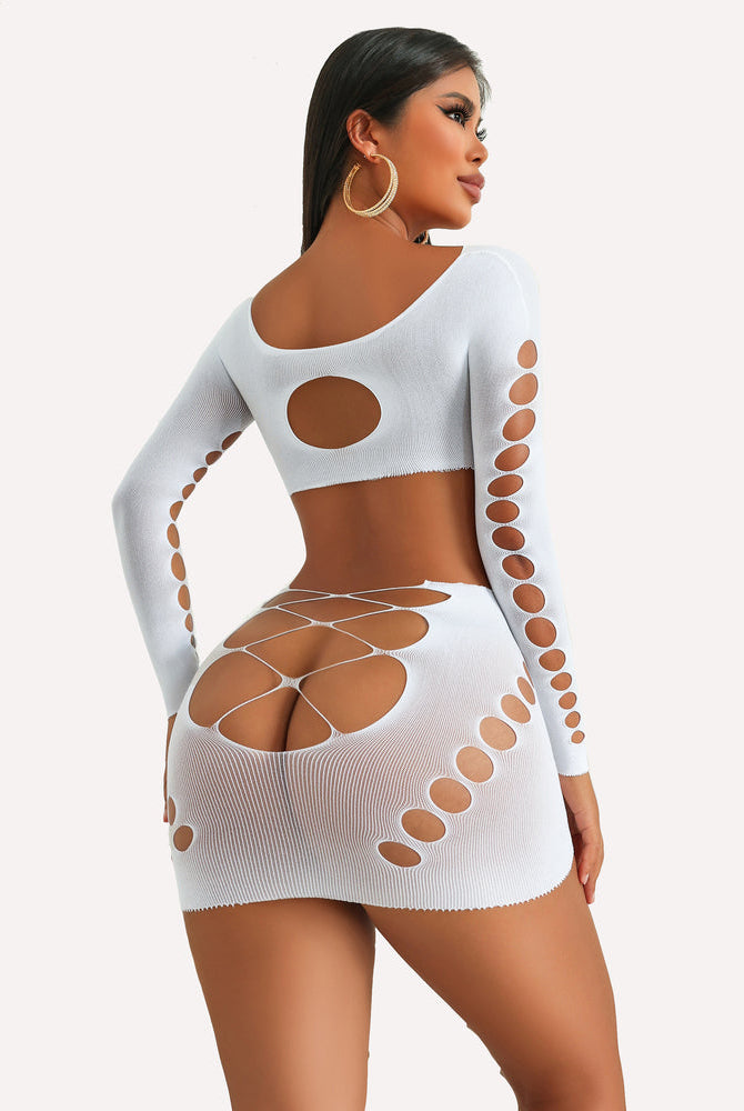 White cut-out fishnet lingerie set; backless design for women. Sexy and form-fitting, Avidlove.