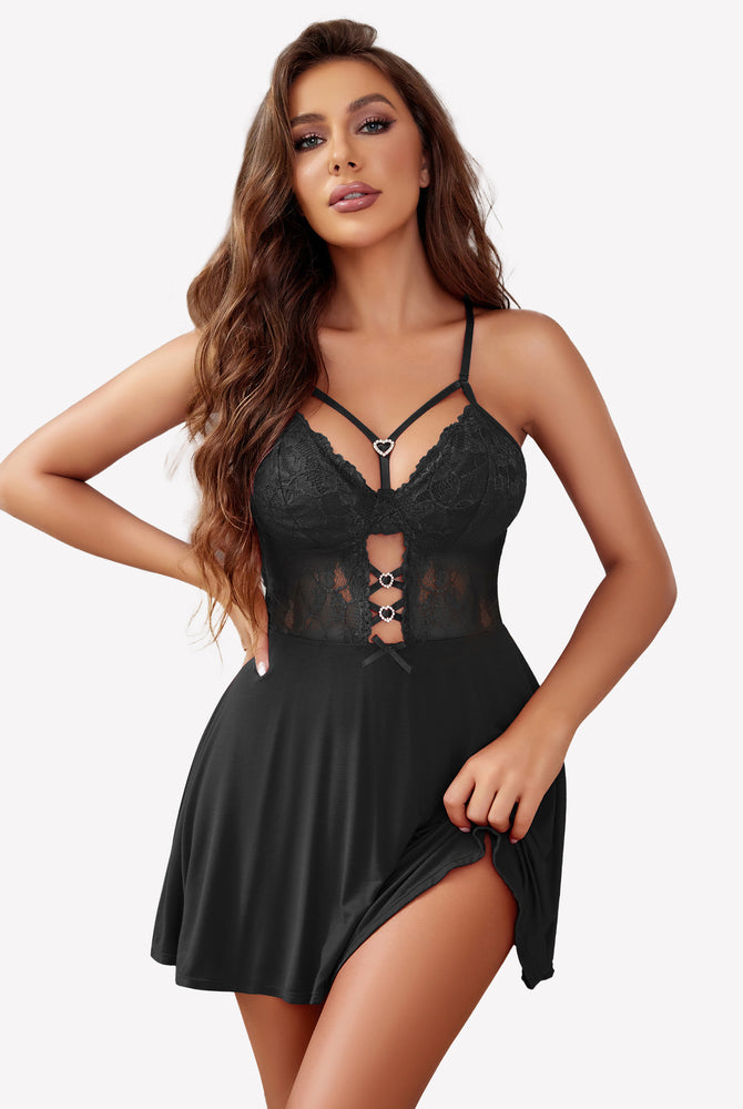 Black lace babydoll nightie slip dress with floral lace cups. Sexy lingerie for women.