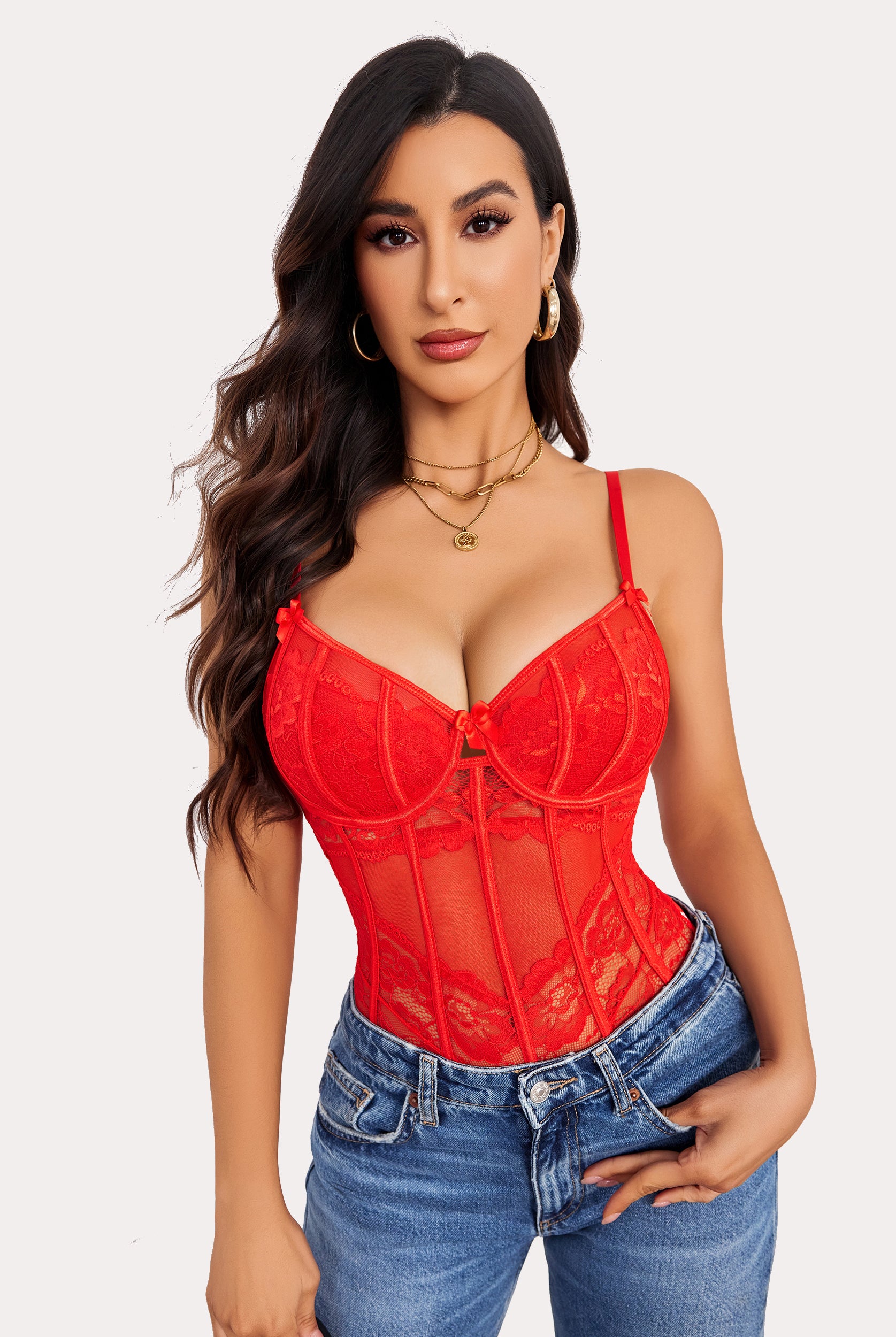 Red lace bodysuit with underwire, cutout V-neck and bow details. Women's lingerie.