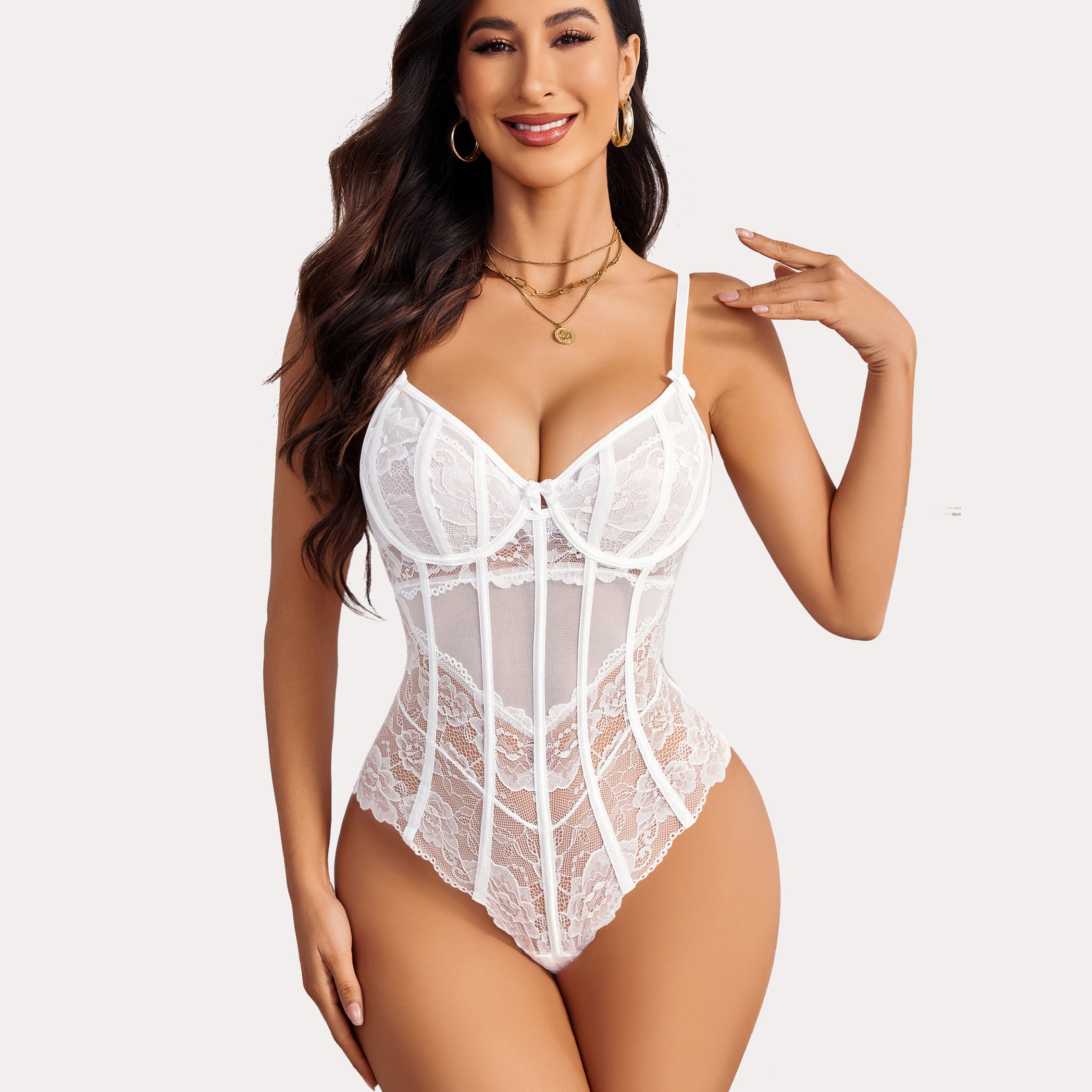 White lace bodysuit with underwire, V-neck and bow details. Stylish, chic lingerie.