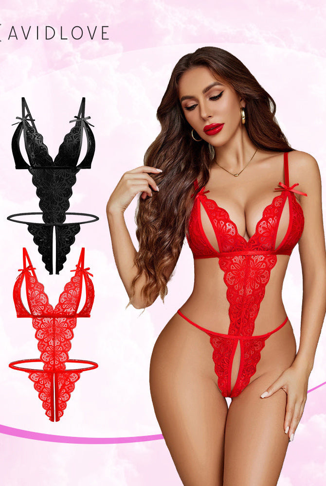 Avidlove red lace bodysuit, deep V, crotchless design. Sexy lingerie for women
