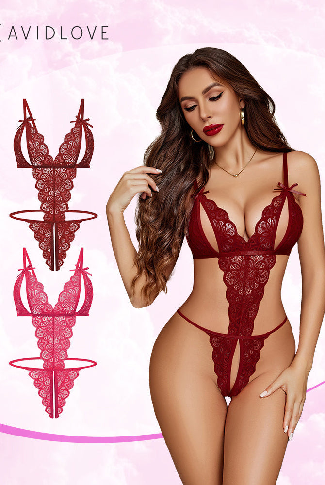 Avidlove red lace bodysuit, deep V neckline, crotchless, adjustable straps. Sexy lingerie for women