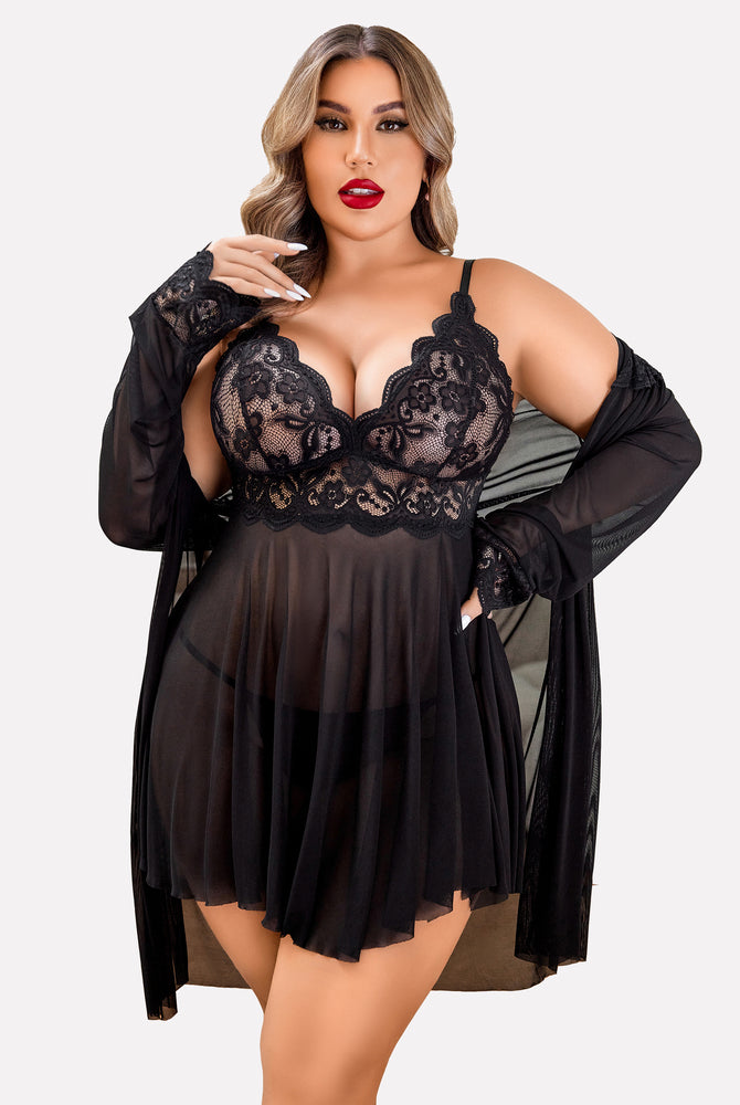 Plus Size Black Lace Lingerie Set with Mesh Robe and Babydoll Nightgown